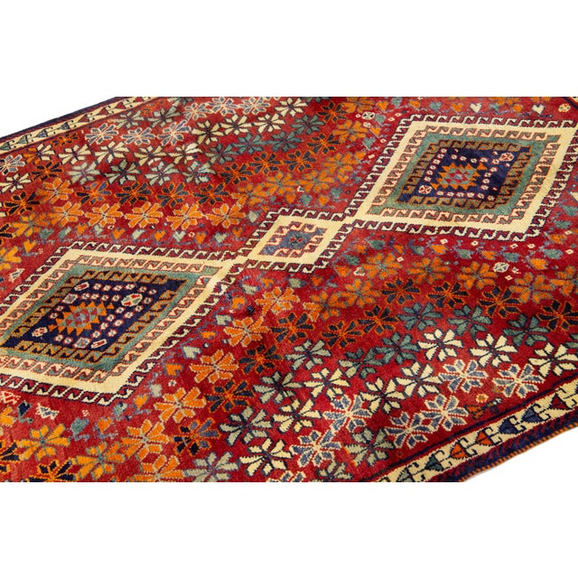 Vintage Handmade Shiraz Wool Scatter Rug in Red With Allover Floral Design For Sale - Image 4 of 8