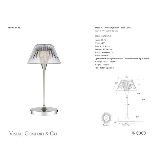 Waterford by Visual Comfort Signature Blaze 12" Rechargeable Table Lamp in Polished Nickel with Clear Crystal Designer:...