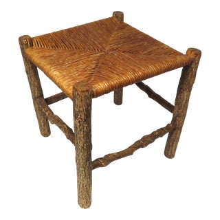 Antique Adirondack Woven Rush Seat Hickory Log Footstool For Sale