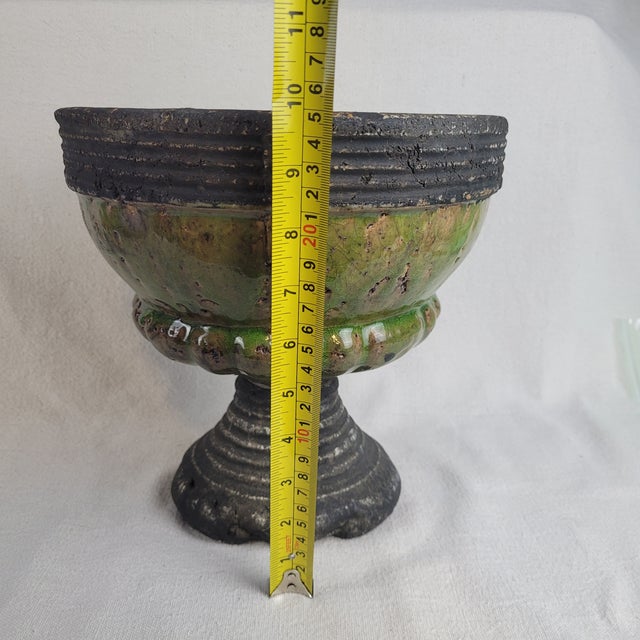 Ceramic Late 20th Century Rustic Green Glazed Stoneware Pedestal Bowl Urn Footed Artisan Pottery For Sale - Image 7 of 9