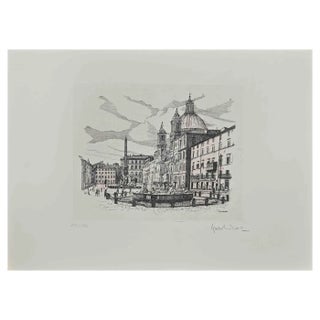 Giuseppe Malandrino, View of Piazza Navona, 1970s, Etching For Sale