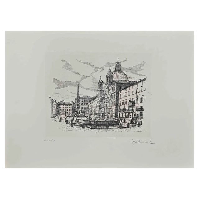 Giuseppe Malandrino, View of Piazza Navona, 1970s, Etching For Sale