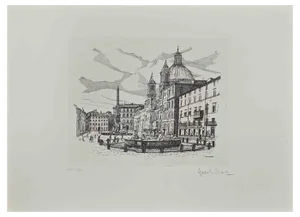 Giuseppe Malandrino, View of Piazza Navona, 1970s, Etching
