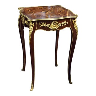 French Accent Side Table With Glass Top, Gold Leaf & Bronze Details For Sale