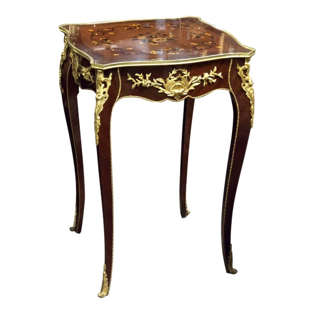 French Accent Side Table With Glass Top, Gold Leaf & Bronze Details For Sale