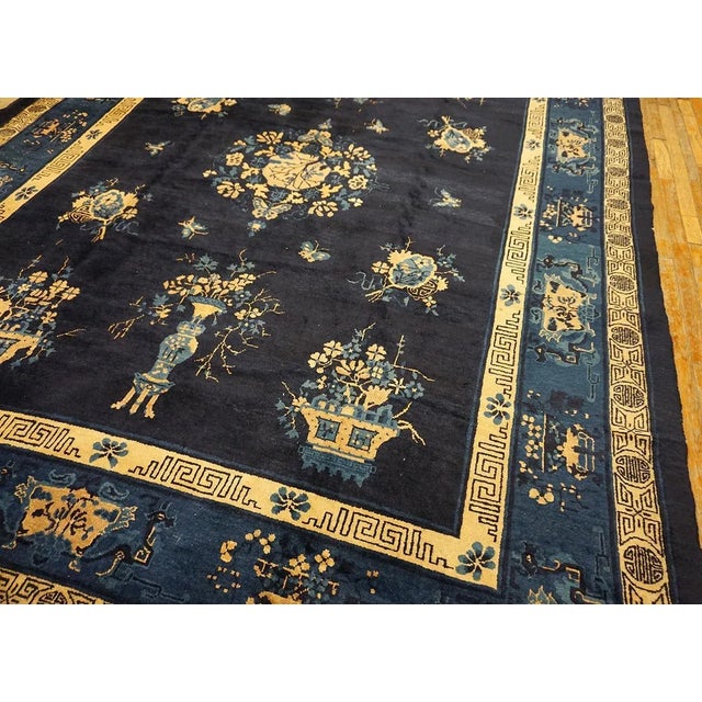 Exceptional Navy Blue Color With Lovely Chinoiserie and Floral Design Antique Chinese Perking Rug For Sale - Image 9 of 10