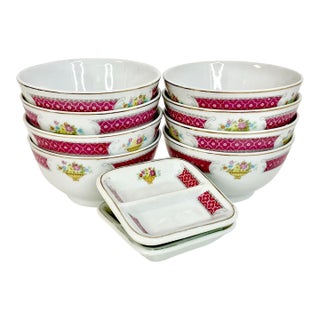 Mid 20th Century Chinoiserie Hollywood Regency Rice Bowls and Sauce Cups - Set of 10 For Sale