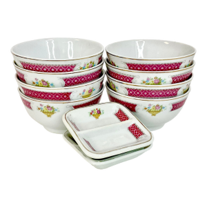 Mid 20th Century Chinoiserie Hollywood Regency Rice Bowls and Sauce Cups - Set of 10.