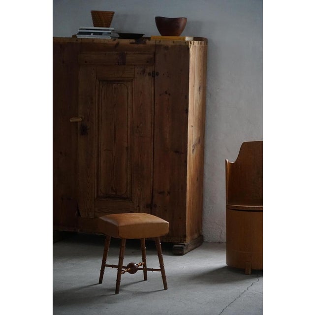 Wood Vintage Danish Turned Wood Stool with Leather Seat, 1930s For Sale - Image 7 of 13