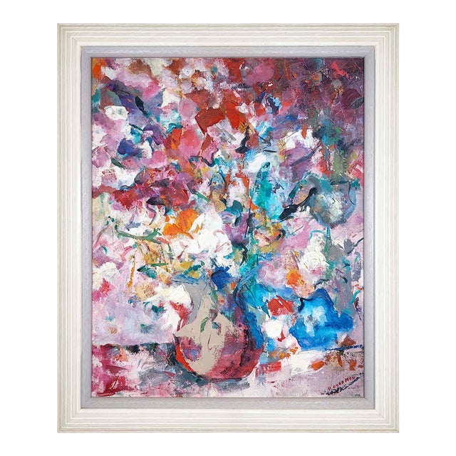 Mid 20th Century Vintage Abstract Still Life Painting Artist Signed Goodman Floral Vase Mid-Century Modern, Framed For Sale