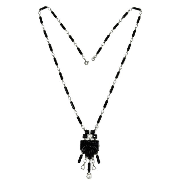 Czechoslovakian Art Deco Black Glass and Crystal Geometric Pendant Necklace, 1920s For Sale - Image 11 of 11