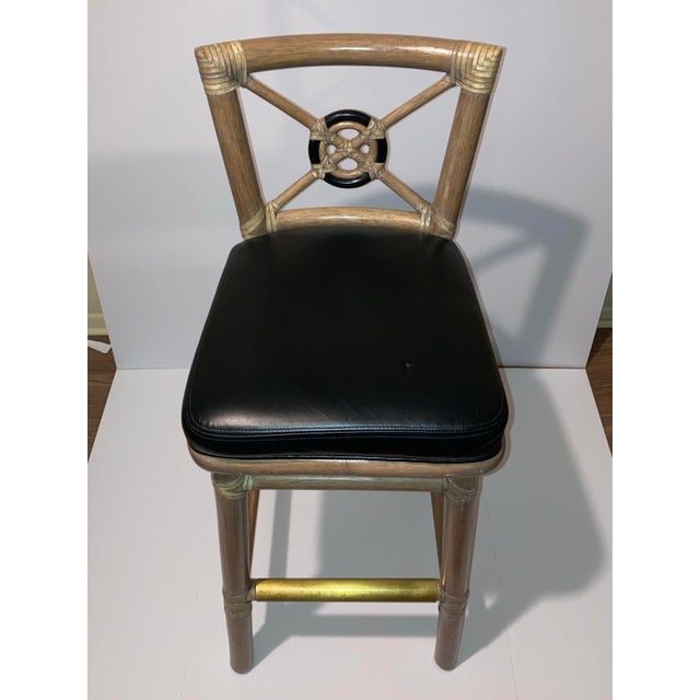 Taupe Rattan Barstool in Black Leather From McGuire San Francisco For Sale - Image 8 of 12