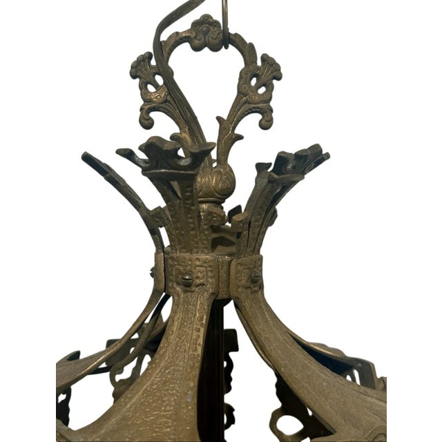 Brass Antique Art Deco Floral Motif Ornate Brass 4 Arm Chandelier For Sale - Image 8 of 10