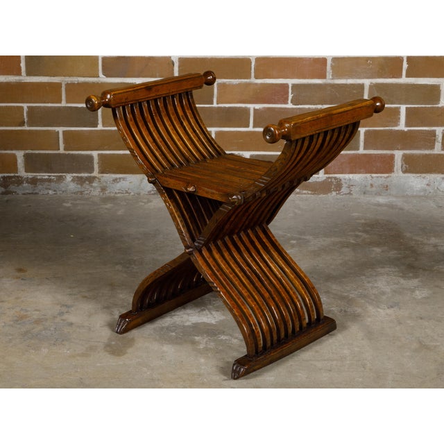 Italian Renaissance Style Walnut Savonarola Folding Chair circa 1900 For Sale - Image 4 of 12