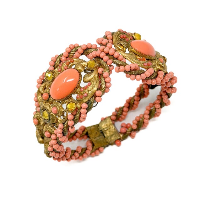 1940s Vintage Coral Glass and Yellow Rhinestone Clamper Cuff, 1940 For Sale - Image 5 of 11