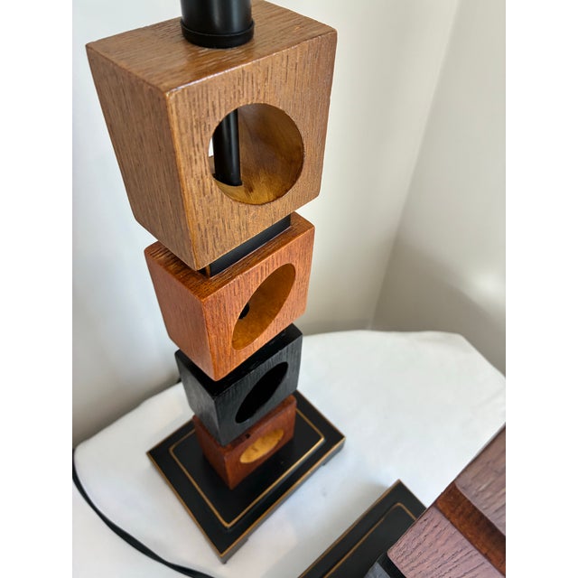 Black Mid-Century Modern Stacked Geometric Wooden Cube Table Lamps - Pair For Sale - Image 8 of 12