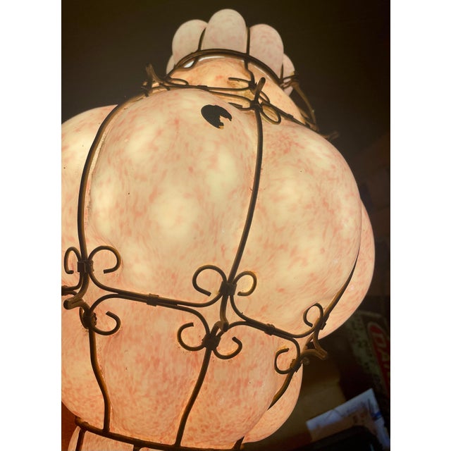 Mid 20th Century Mid 20th Century Mid Century Modern Italian Mottled Pink Cased Glass Caged Pendant Light Lantern For Sale - Image 5 of 12
