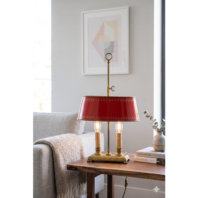 Brass Bouillotte Table Lamp with Red Tole Shade, 1950s For Sale - Image 4 of 15