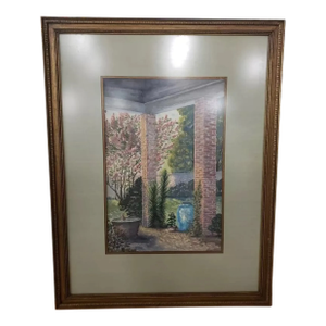 Patio Garden Watercolor Framed Matted Painting, Signed Johny (1967) New Orleans