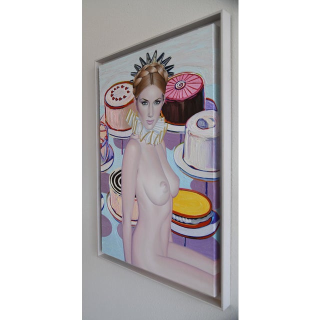 Figurative Let Them Eat Cake by Suzy Smith | Oil on Canvas Portrait of a woman with cakes in the background For Sale - Image 3 of 5