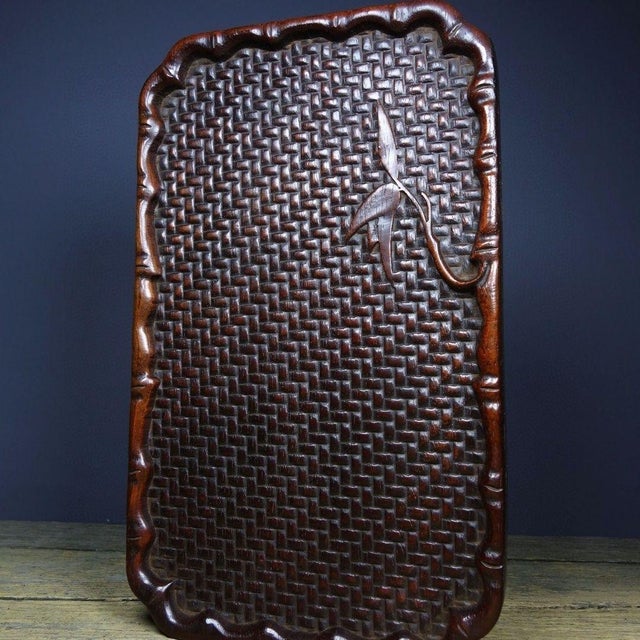 Vintage Rosewood Tea Tray - Carved Woven & Bamboo Motif For Sale - Image 4 of 9