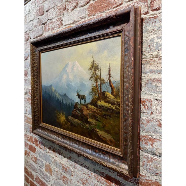 Wood The Lonely Elk on Mount Shasta - 19th Century Oil Painting For Sale - Image 7 of 9