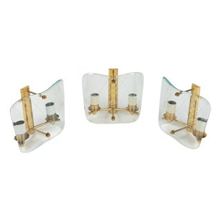 Mid-Century Brass & Curved Glass Sconces in the style of FontanaArte, Italy, 1950s, Set of 3 For Sale