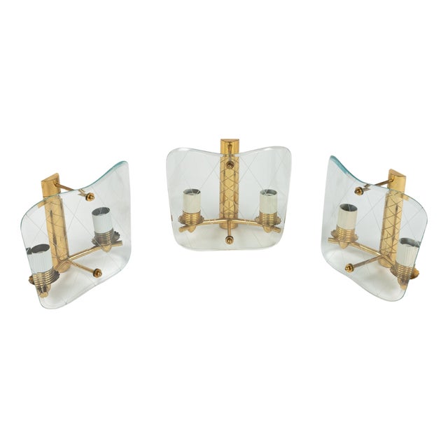 Mid-Century Brass & Curved Glass Sconces in the style of FontanaArte, Italy, 1950s, Set of 3 For Sale
