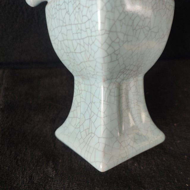 White Chinese Ceramic Vase,Guan Ware Crackle Glaze Glaze Celadon Porcelain Vase Hand Carved Four Goat Head Statue For Sale - Image 8 of 9