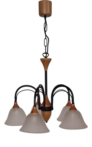 Vintage Black Metal and Cherrywood Ceiling Lamp with Matte White Glass Shades from Fischer-Leuchten, 1990s