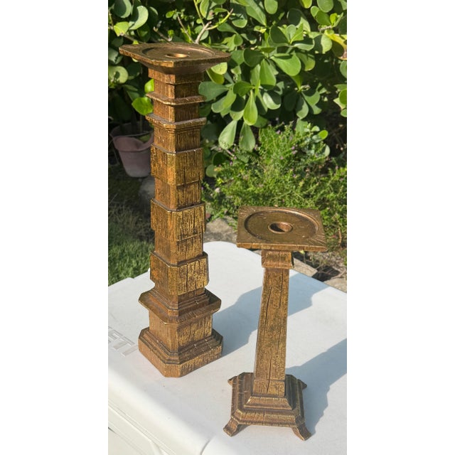 Gold Vintage Brutalist Gilt Faux Bois Sculptural Candleholders, Graduated Pair For Sale - Image 8 of 12