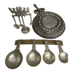 20th Century Folk Art Pewter Serving Set Measuring & Pan Signed Drumm - 10 Pieces