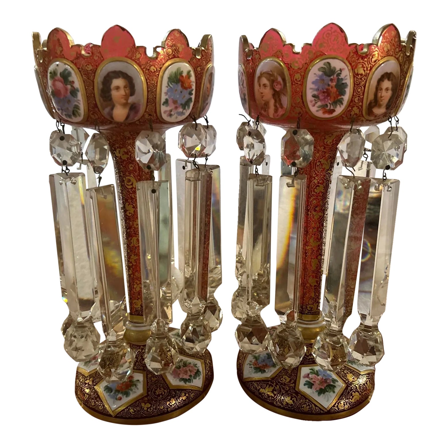Pair of 19th Century Portraits Gold Plated Hand Painted Moser Lusters ...
