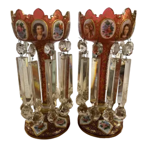 Pair of 19th Century Portraits Gold Plated Hand Painted Moser Lusters, Overlay