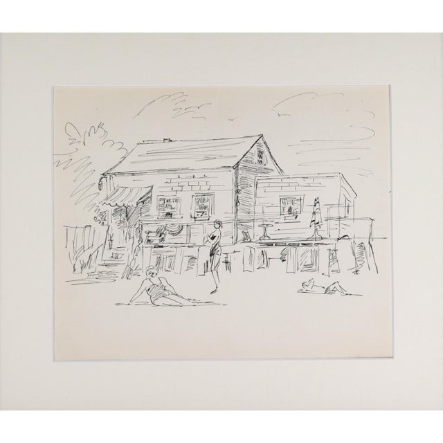 Vintage Pen and Ink drawing of sunbathers near a beach shack, likely in Provincetown, MA. From a collection of works by...