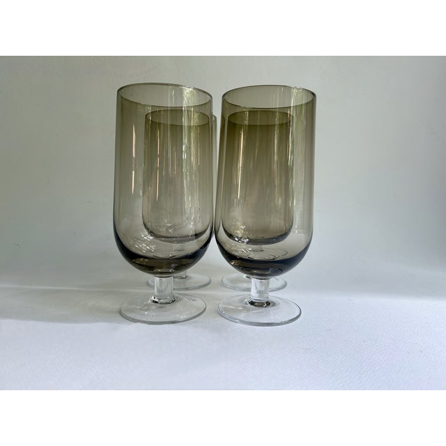 Versatile Set of Four Fostoria Glamour style Smoked Tawny Glass and Clear footed Tumblers. High Balls. Pilsner. Iced Tea....