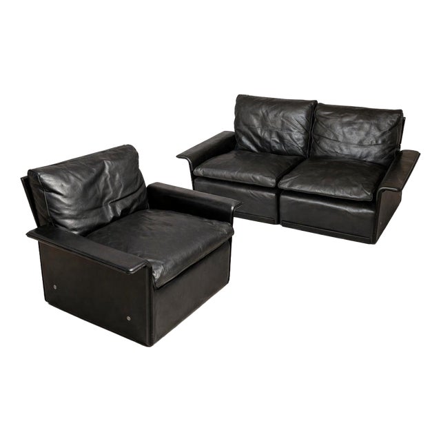 Model 620 Armchair and Modular 2-Seater Sofa in Black Leather by Dieter Rams for Vitsoe, 1970s, Set of 2 For Sale