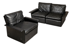 Model 620 Armchair and Modular 2-Seater Sofa in Black Leather by Dieter Rams for Vitsoe, 1970s, Set of 2