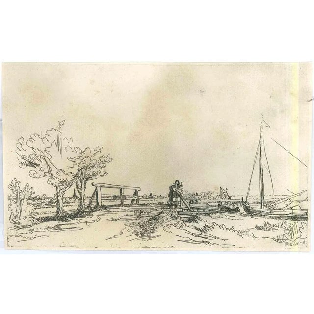 Six’s Bridge is an engraving on ivory-colored paper realized after an etching by Rembrandt dated 1645. This wonderful...