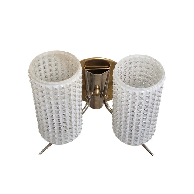 Mid-Century Modern Vintage Enameled Glass, Brass & Nickel Two Light Wall Sconces - Set of Three For Sale - Image 3 of 17