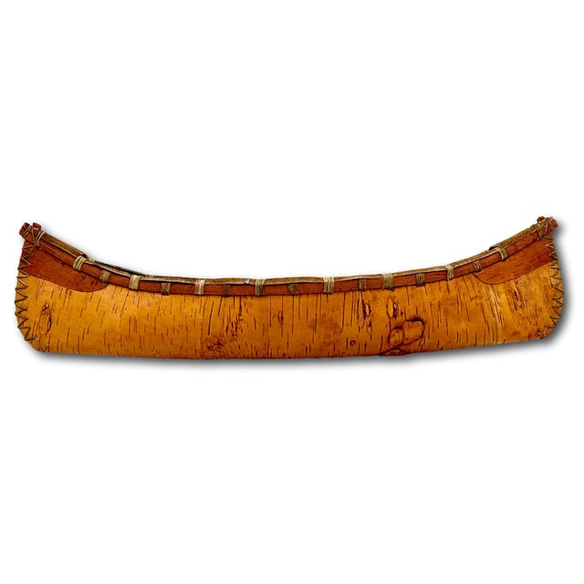 Vintage Very Nicely Completely Hand Made Northeastern Maine Indian Style Birch Bark Canoe Model - Replica - 23 Inches Long For Sale - Image 14 of 18