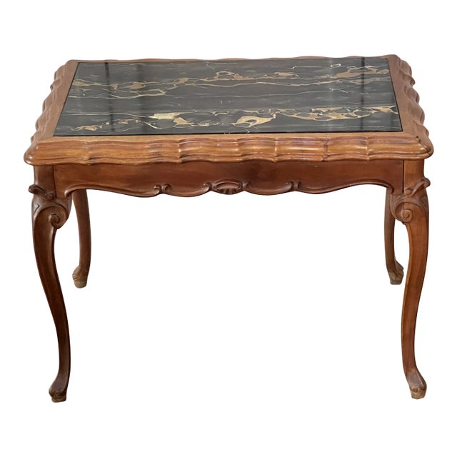 Vintage Italian Black Marble Walnut Wood Double Bevelled Edge Table For Sale
