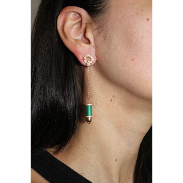 Contemporary Diamond Green Malachite Bullet 18 Karat Rose Gold Circle Drop Chain Earrings, A Pair For Sale - Image 3 of 8