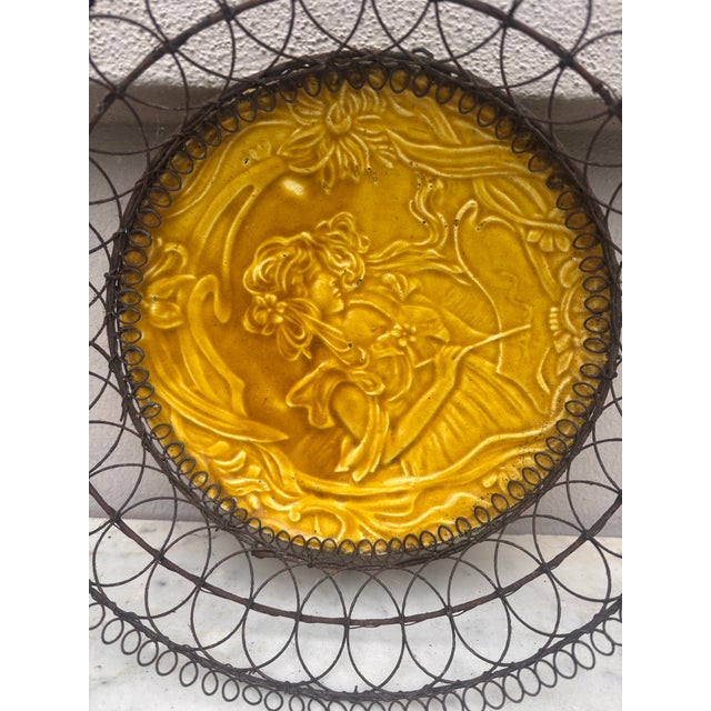 Austrian Majolica Art Nouveau Wire Basket Circa 1900. Representing a woman with flowers.