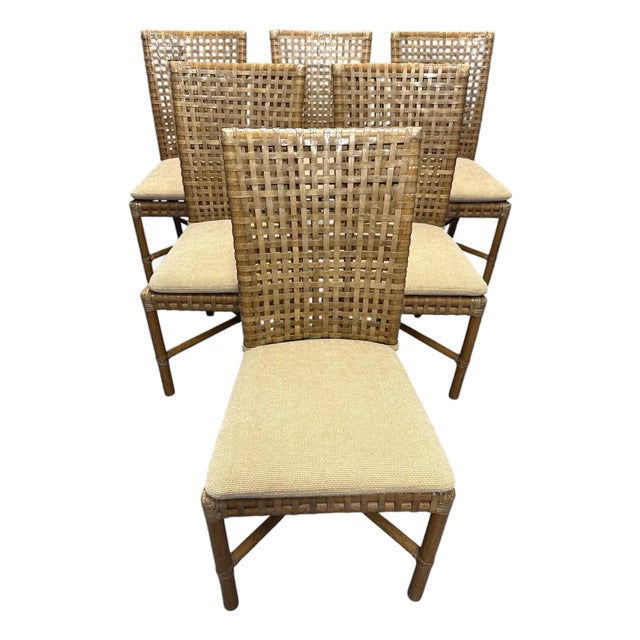 McGuire Set/6 Rattan Leather Dining Chairs For Sale