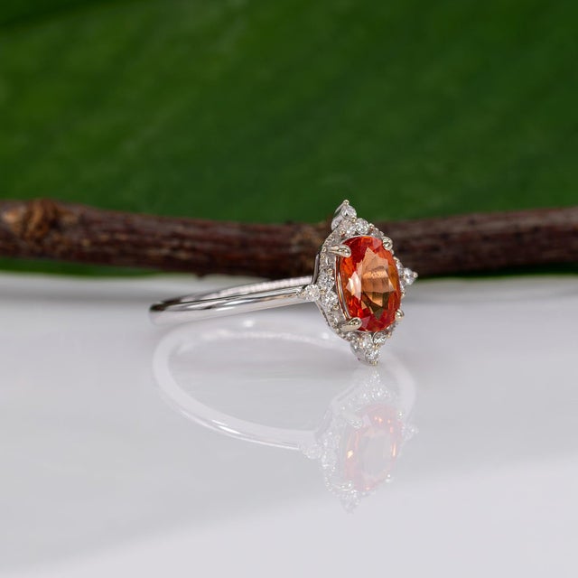 Orange Padparadscha Sapphire Halo Ring With Natural Diamond Accents in Solid 14k Gold, Size 6.75 For Sale - Image 8 of 10