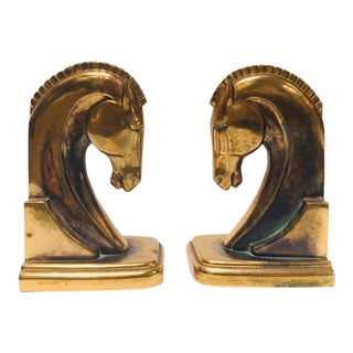 20th Century Art Deco Stylized Cast Brass Sculptures of Horse Bust Bookends - a Pair For Sale