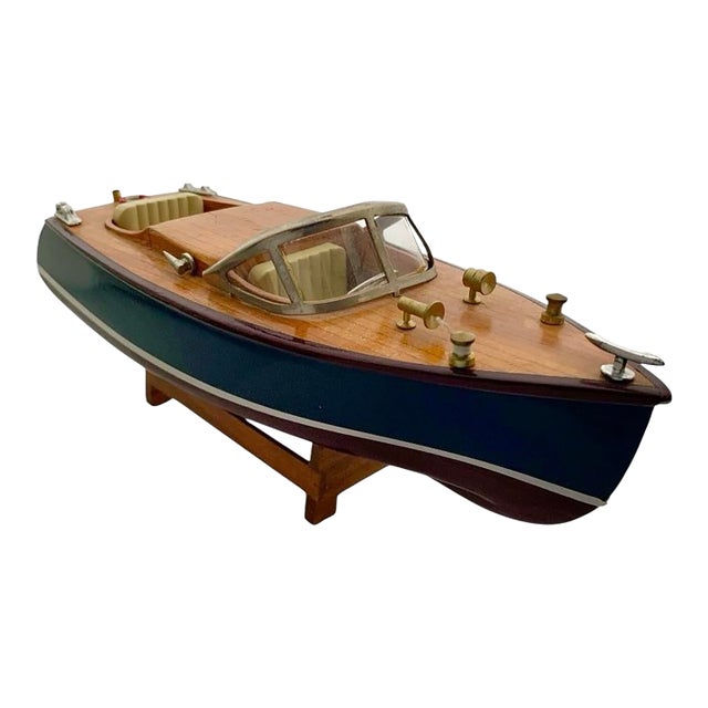 Late 20th Century Boat Model on Stand Small Wooden Luxury Design Vintage Nautical Decor Gift For Sale