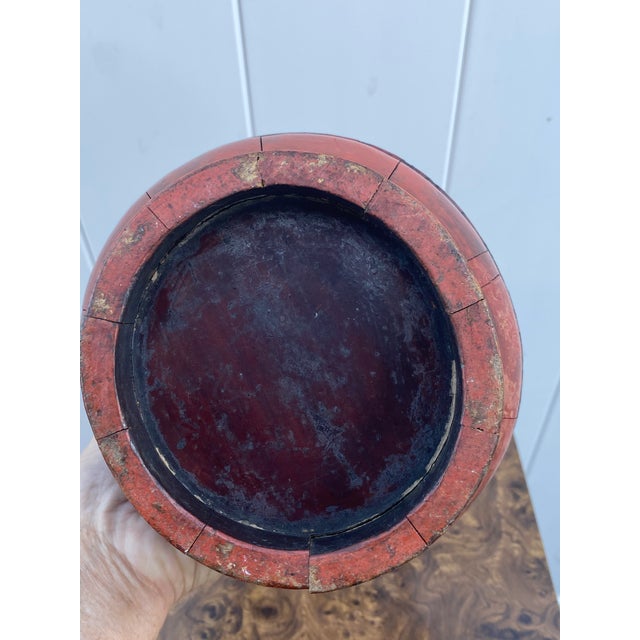 Antique Chinese Red Lacquered Wooden Wedding Basket With Dragonfly Lid Motif For Sale - Image 9 of 13