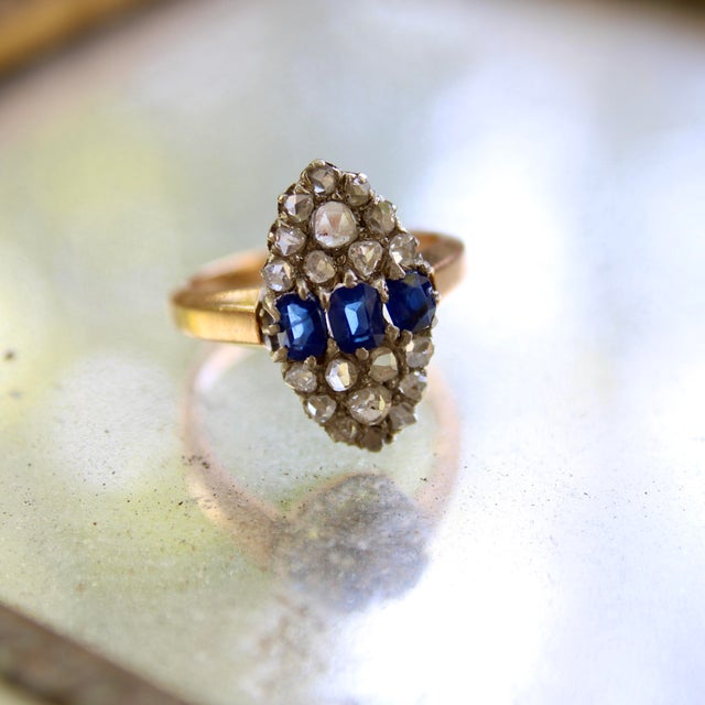 Metal Late 19th Century Victorian 18k Gold Rose Cut Diamond and Sapphire Navette Ring, Size 6.5 For Sale - Image 7 of 8